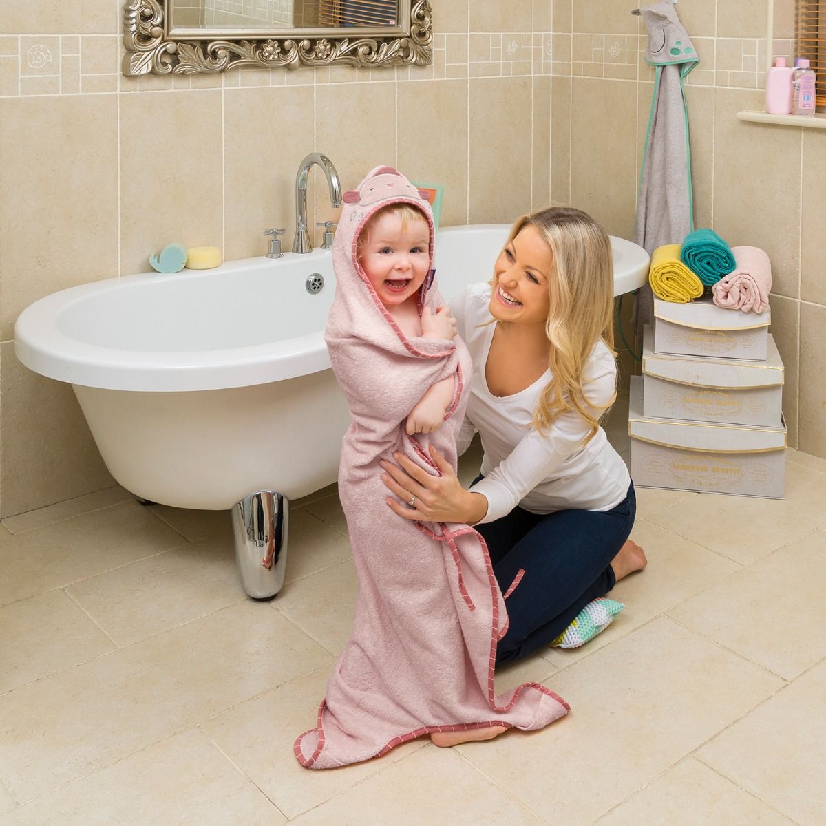 Clevamama Bamboo Extra Large Apron Baby Bath Towel - Pink for baby bath time. MOD & TOD