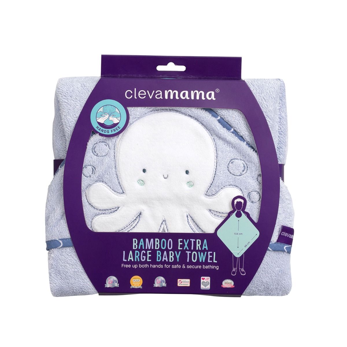 Clevamama Bamboo Extra Large Apron Baby Bath Towel - Blue for baby bath time. MOD & TOD