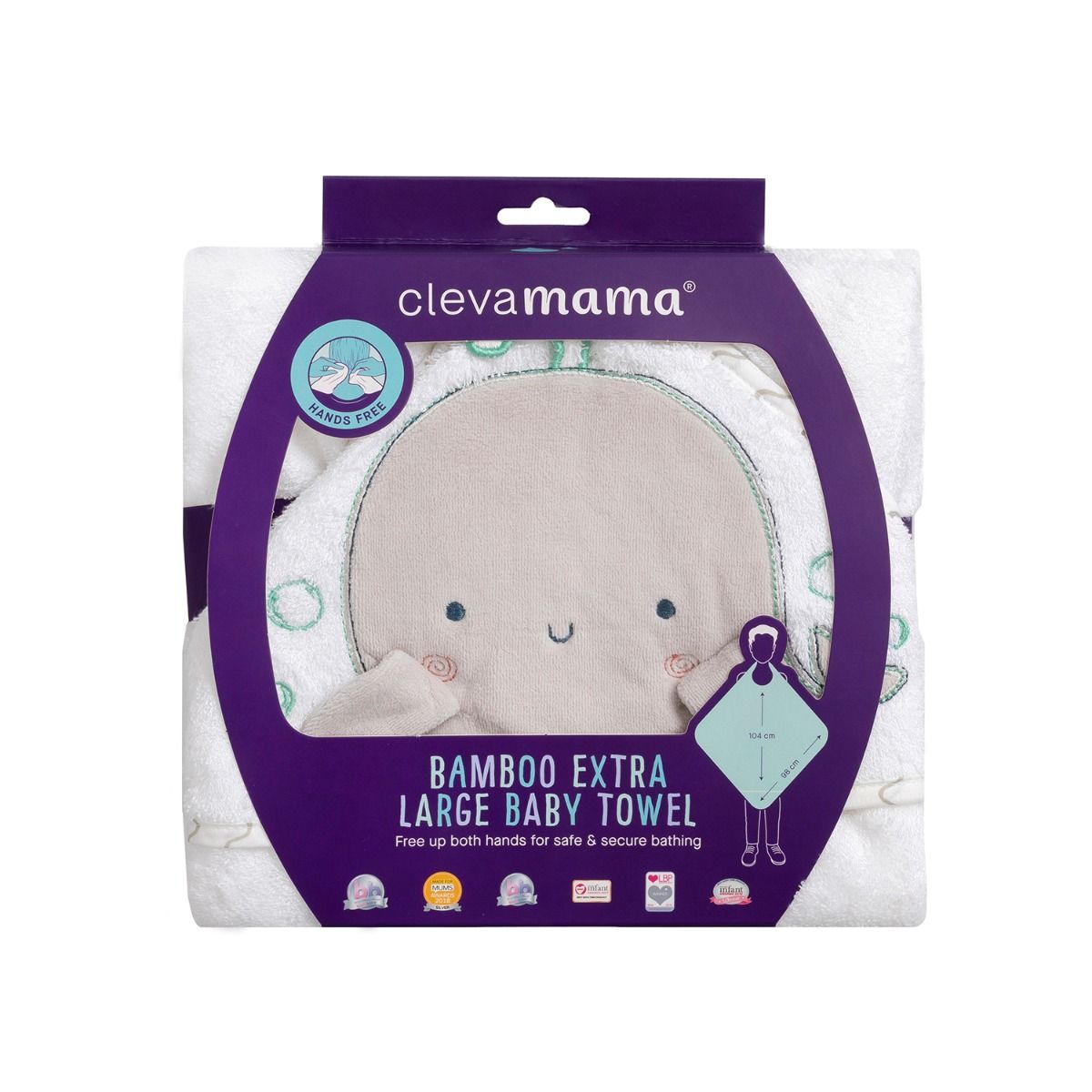 Clevamama Bamboo Extra Large Apron Baby Bath Towel - White & Grey for baby bath time. MOD & TOD