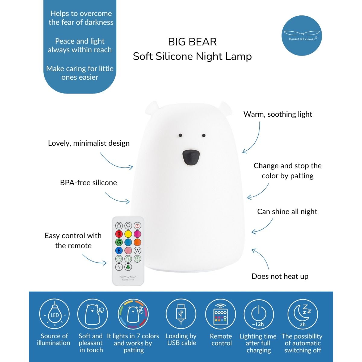 Rabbit & Friends BIG BEAR SILICONE NIGHT LIGHT WITH REMOTE CONTROL | modandtod.com
