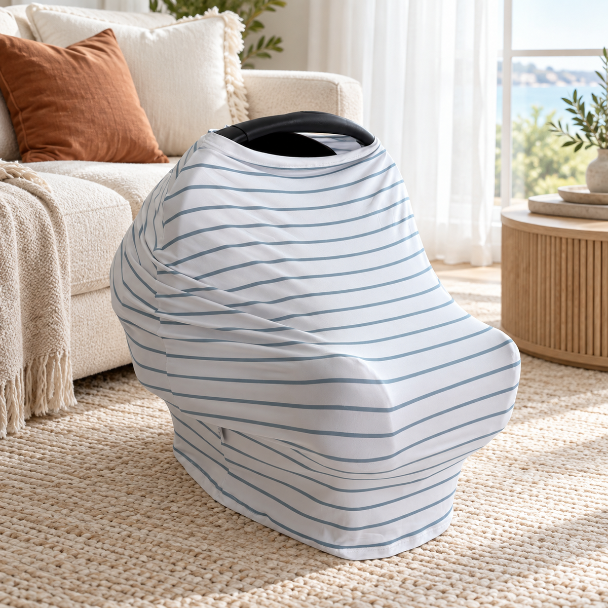 5 in 1 Multi Use Cover - Seaside Stripes - Capsule Cover, Highchair Cover, Shopping Trolley Cover, Breastfeeding Cover, Nursing Scarf - modandtod.com