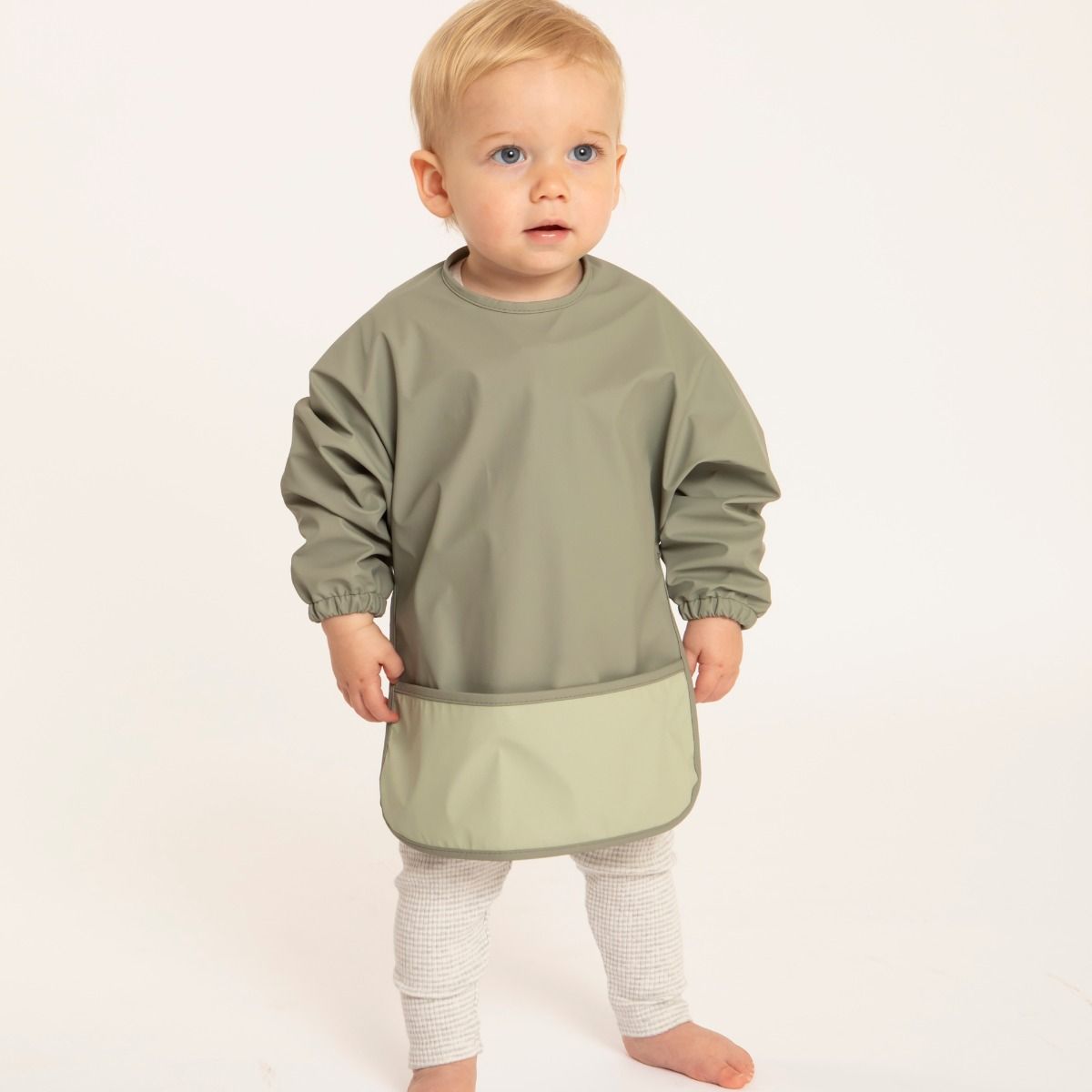 All4ella Recycled Long Sleeve Bib - Two-Tone Sage for baby and toddlers starting solids and baby led weaning. MOD & TOD