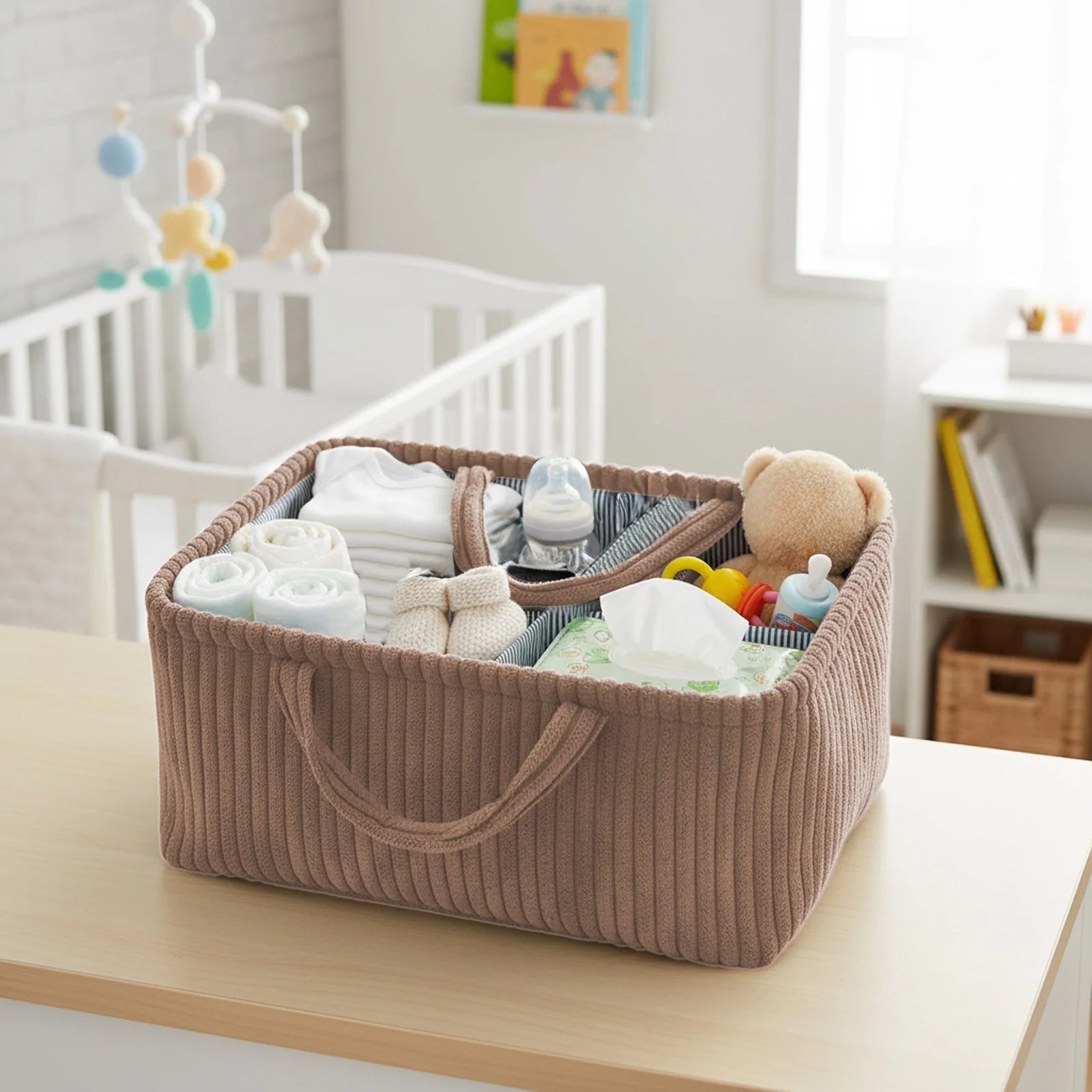 Mocha corduroy baby nappy caddy with striped lining and removable dividers by River & Oak Trading at modandtod.com