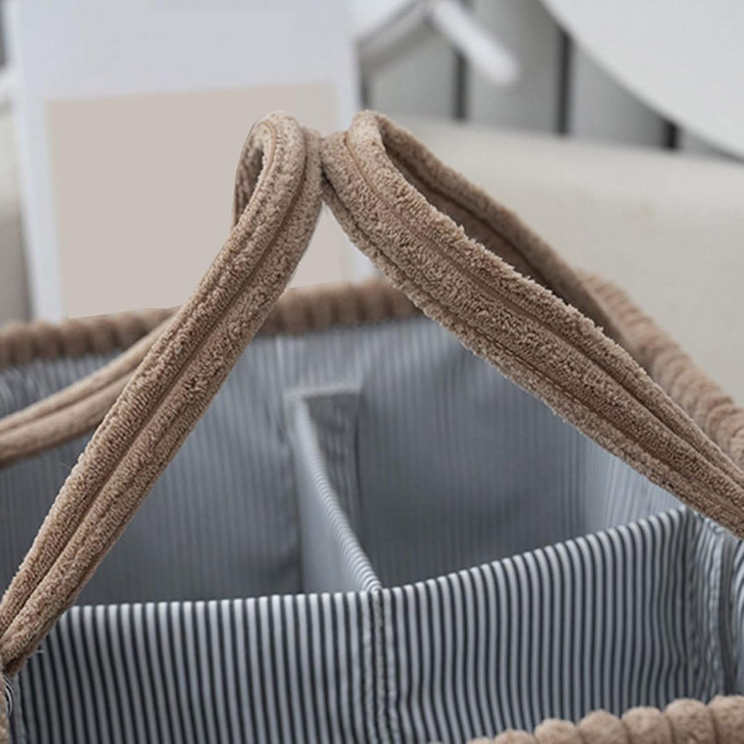 Mocha corduroy baby nappy caddy with striped lining and removable dividers by River & Oak Trading at modandtod.com