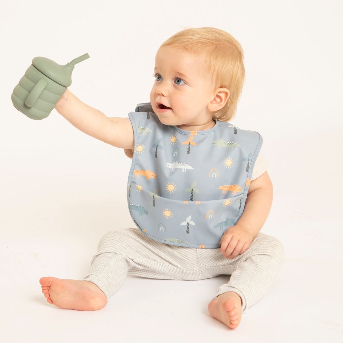 All4ella Recycled Pouch Bib - Crocodile for baby and toddlers starting solids and baby led weaning. MOD & TOD