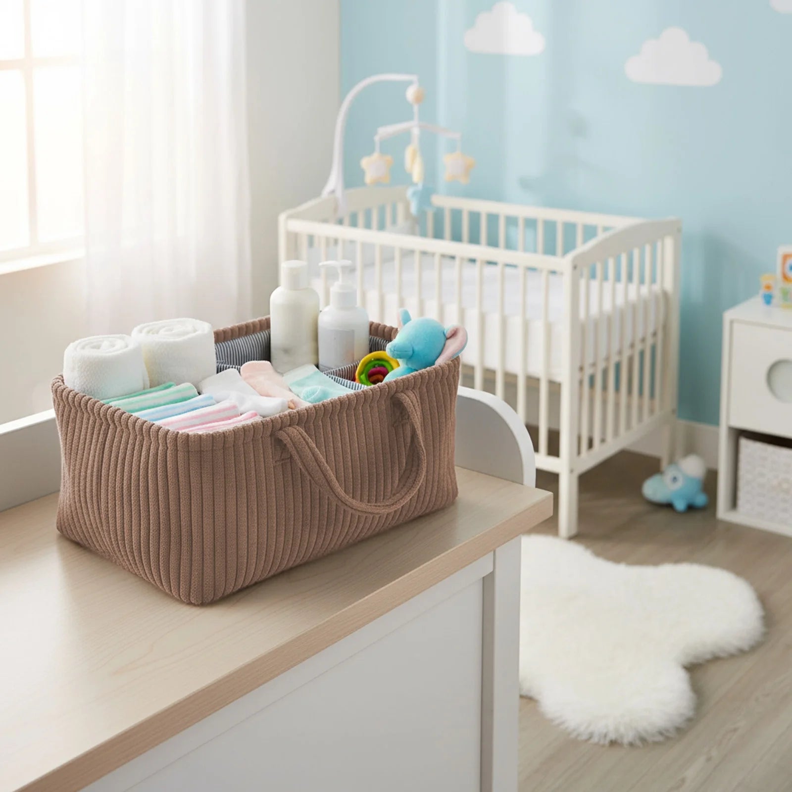 Mocha corduroy baby nappy caddy with striped lining and removable dividers by River & Oak Trading at modandtod.com