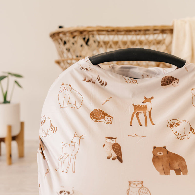 5 in 1 Multi Use Cover - Woodland Animals - Capsule Cover, Highchair Cover, Shopping Trolley Cover, Breastfeeding Cover, Nursing Scarf