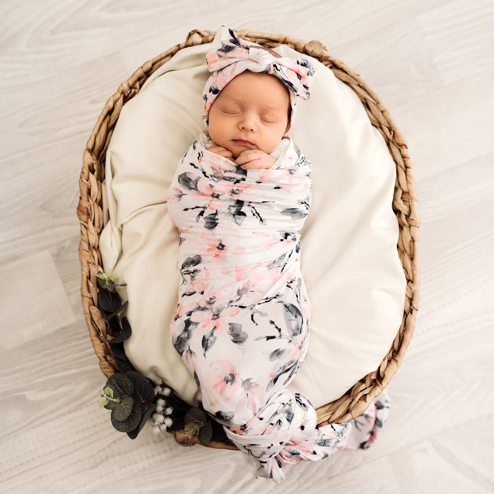 MOD AND TOD Baby Stretchy Swaddle with matching headband set | Watercolour Blossom