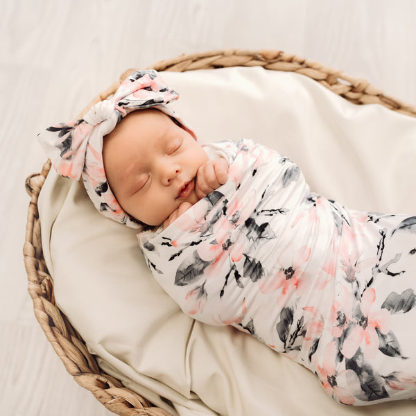 MOD AND TOD Baby Stretchy Swaddle with matching headband set | Watercolour Blossom