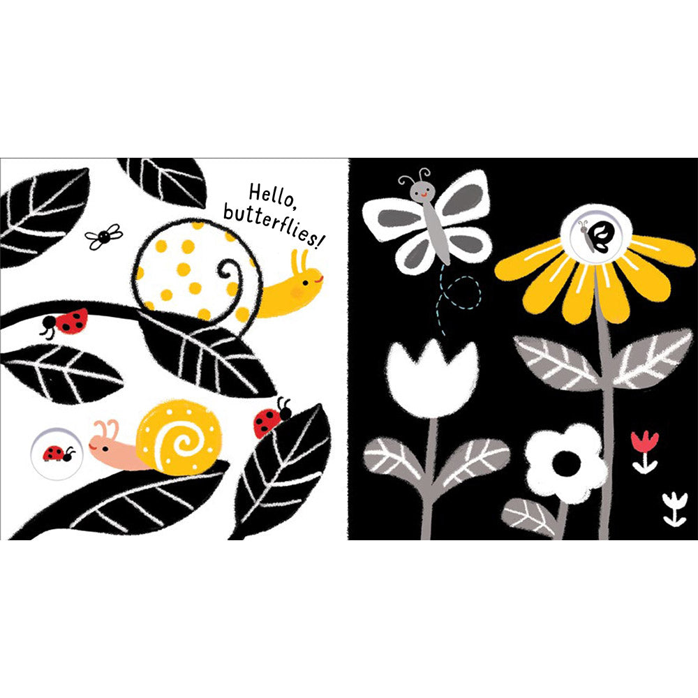 Two illustrations of nature-themed designs with insects and flowers on a white background. Baby's Black & White Books - Outdoors. MOD & TOD