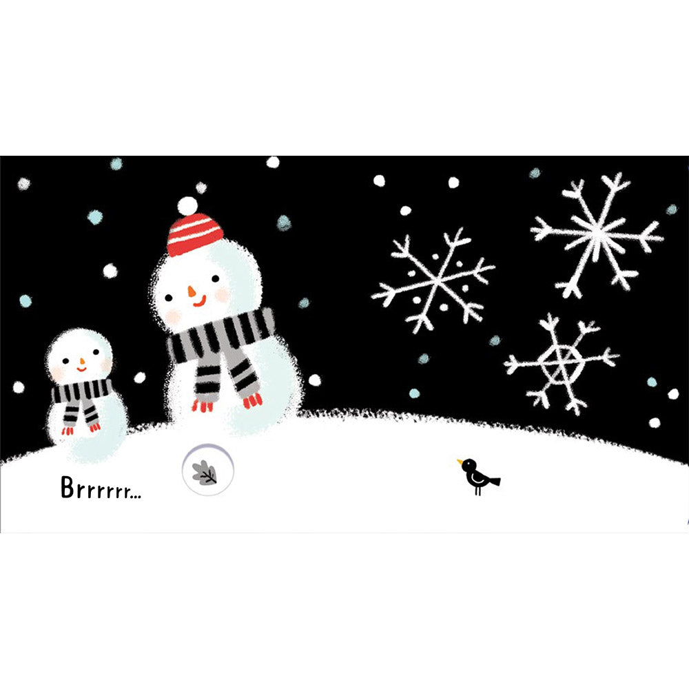 Two snowmen with scarves and hats on a snowy landscape with snowflakes falling. Baby's Black & White Books - Outdoors. MOD & TOD