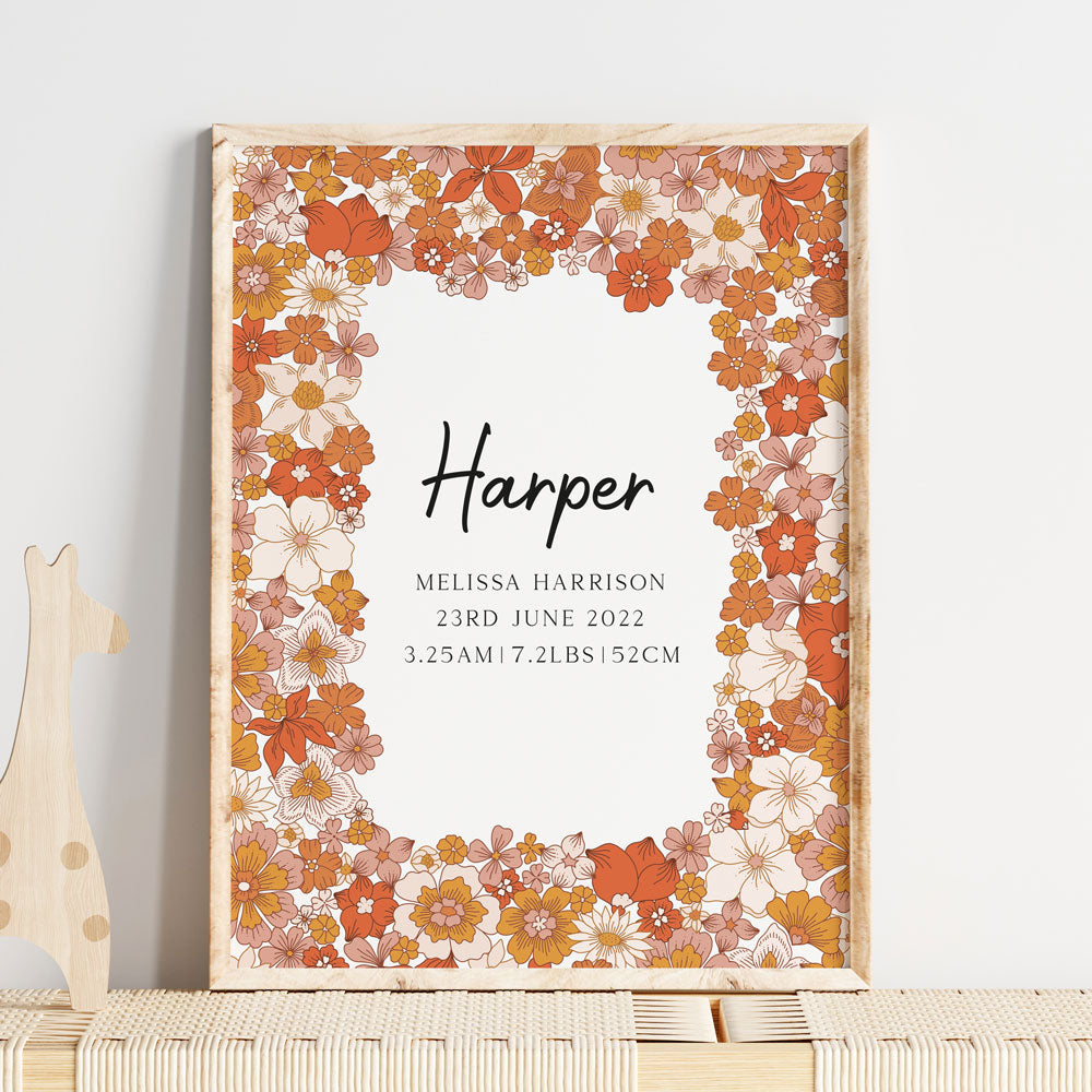 Boho Bloom Birth Detail Keepsake Print for baby nursery room