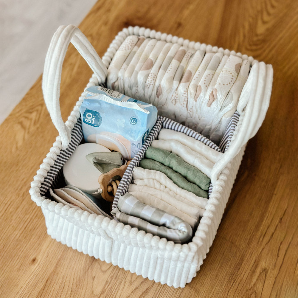 Ivory grey corduroy baby nappy caddy with striped lining and removable dividers by River & Oak Trading at modandtod.com