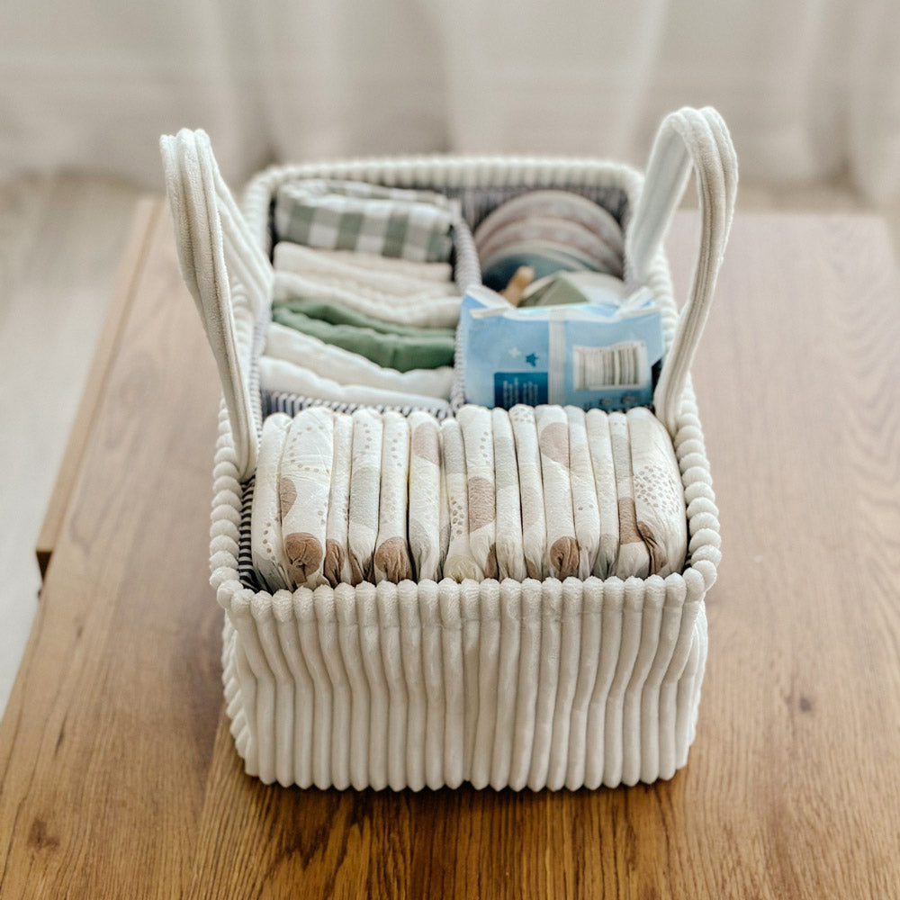 Ivory grey corduroy baby nappy caddy with striped lining and removable dividers by River & Oak Trading at modandtod.com