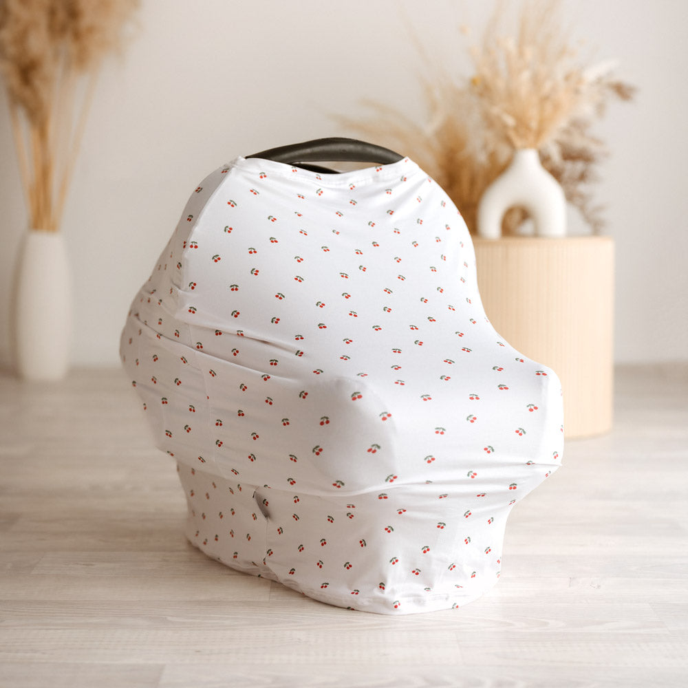 Mod and Tod 5 in 1 Multi Use Cover - Cherries - Capsule Cover, Highchair Cover, Shopping Trolley Cover, Breastfeeding Cover, Nursing Scarf - modandtod.com