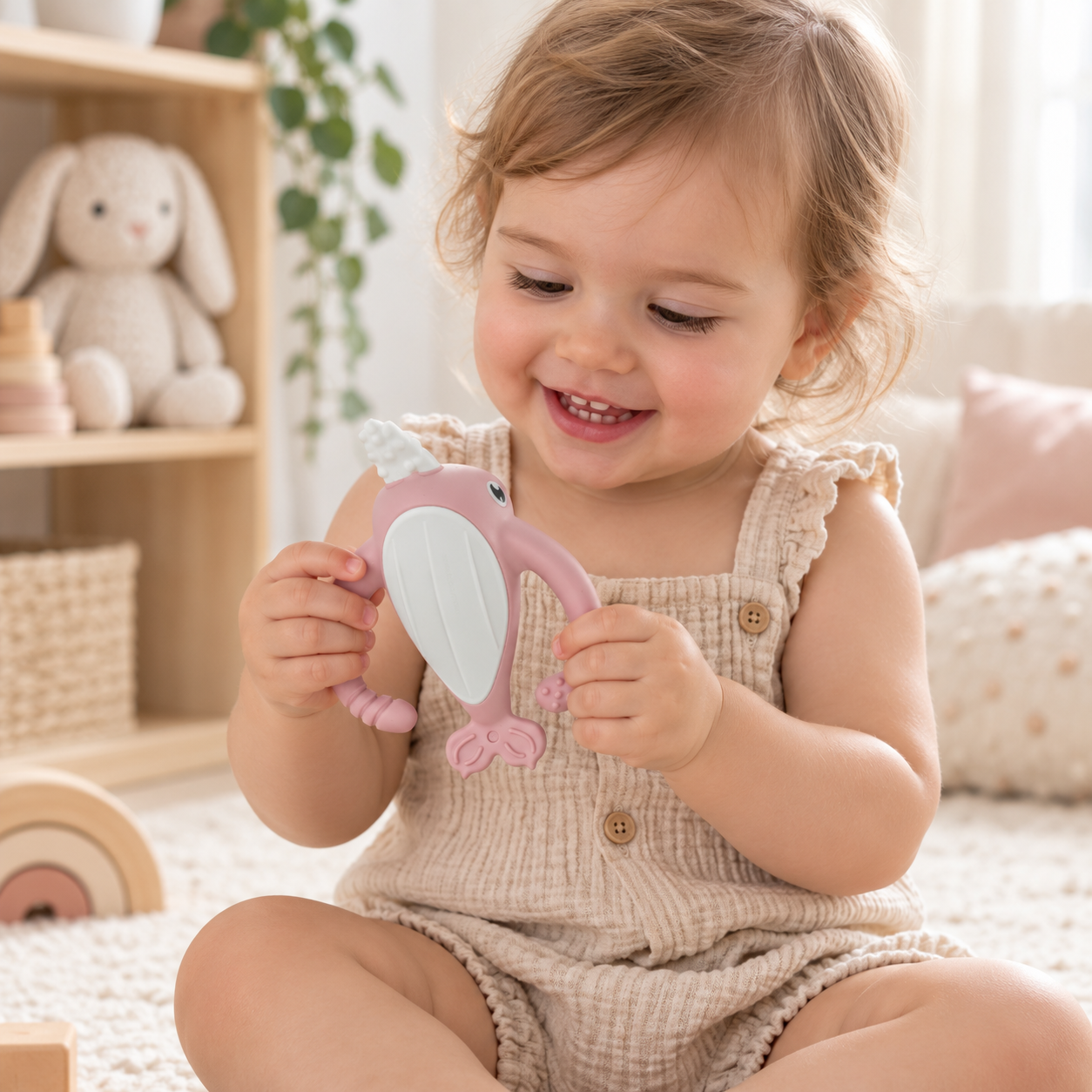 Smily Mia NORA NARWHAL SILICONE TEETHER - OLD ROSE | Baby Teething Toy | modandtod.com