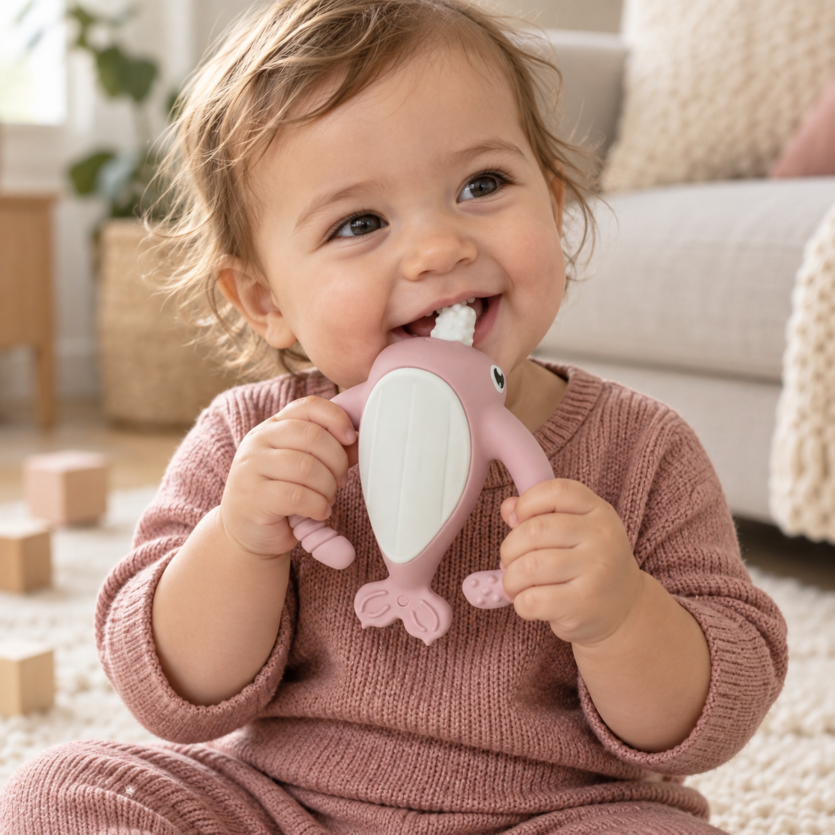 Smily Mia NORA NARWHAL SILICONE TEETHER - OLD ROSE | Baby Teething Toy | modandtod.com