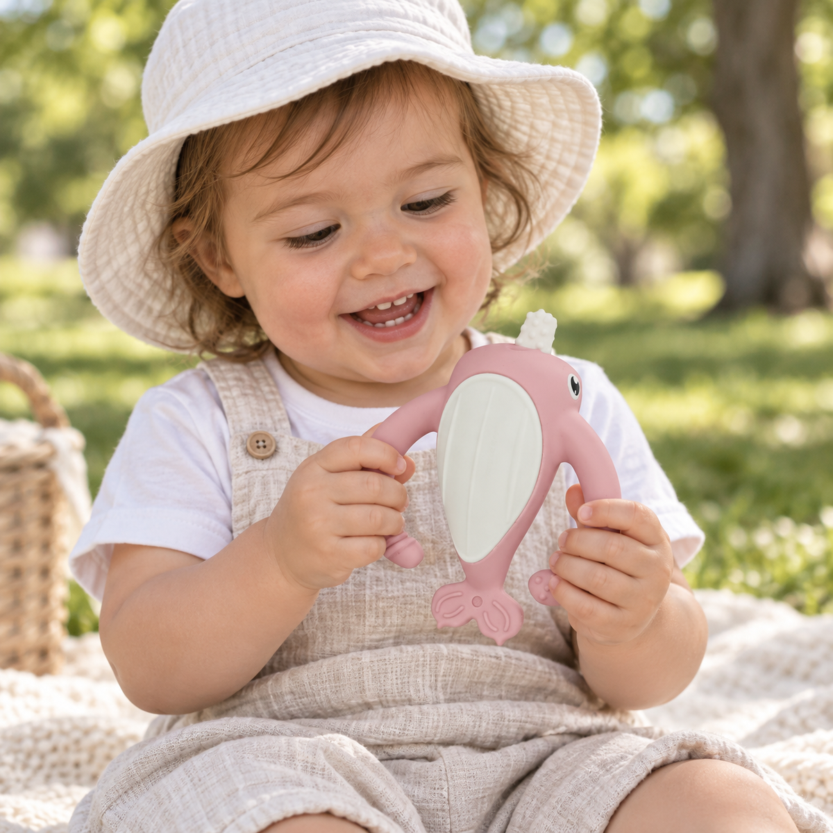 Smily Mia NORA NARWHAL SILICONE TEETHER - OLD ROSE | Baby Teething Toy | modandtod.com