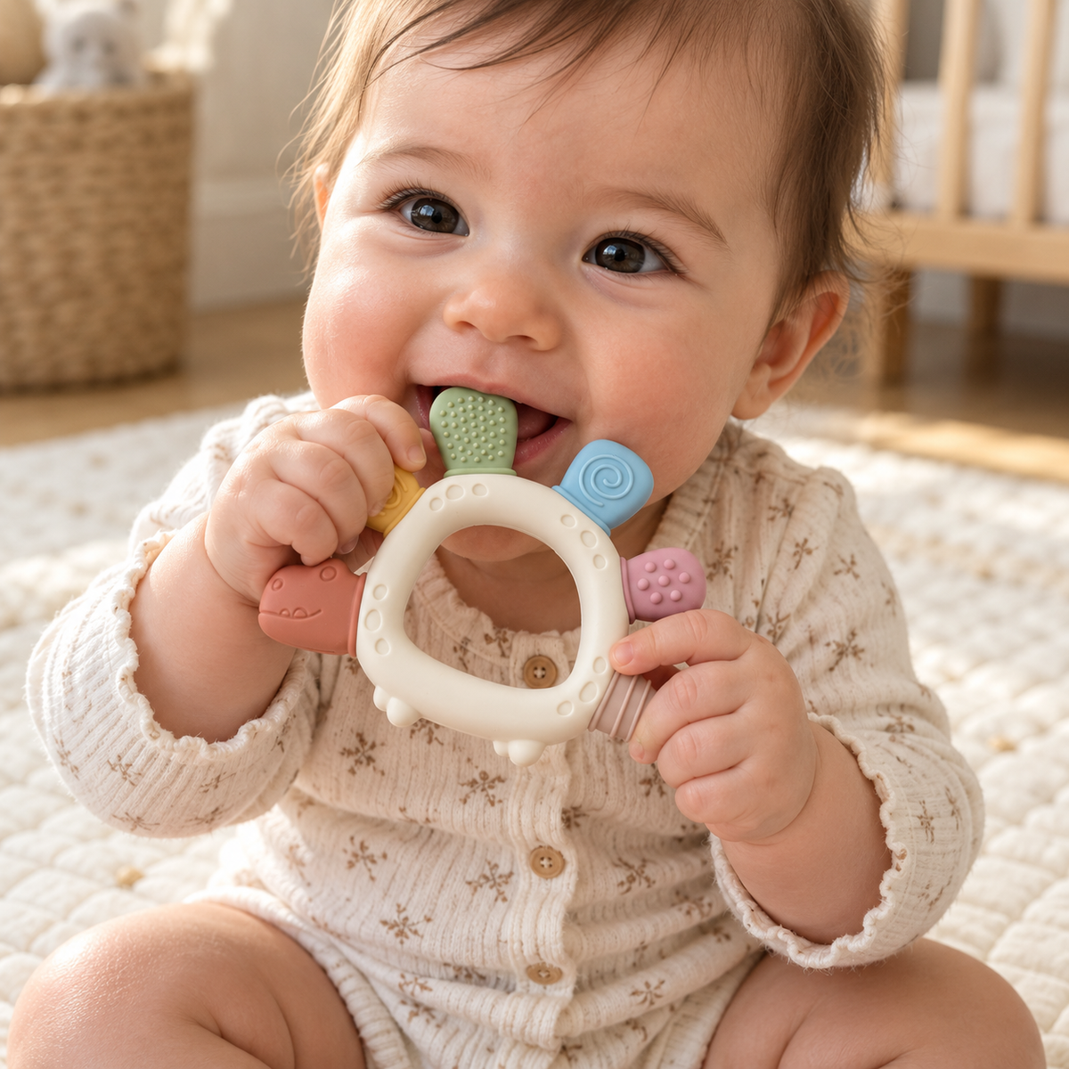 River & Oak Trading Dottie the Dino Silicone Teether | Silicone Teething Toy for Baby | modandtod.com