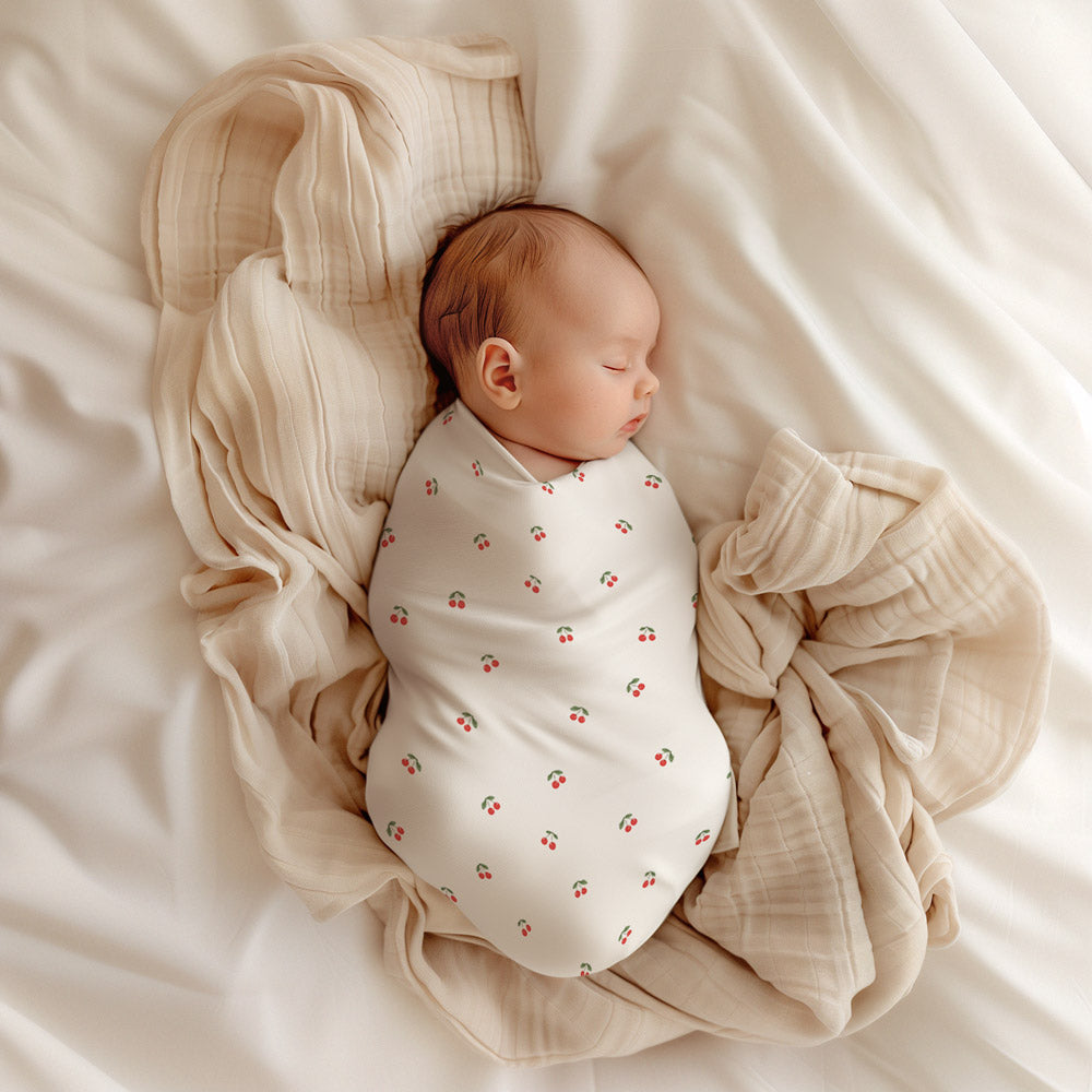MOD AND TOD Baby Stretchy Swaddle | Cherries | Organic Cotton | modandtod.com