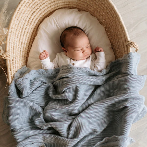 MOD & TOD Heirloom Blanket Duck Egg Blue for baby with scalloped edge design 100% organic cotton