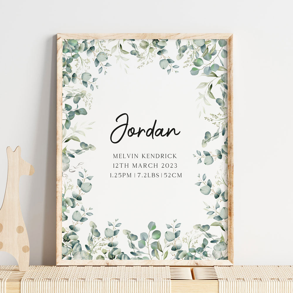 Eucalyptus Birth Detail Keepsake Print for baby nursery room