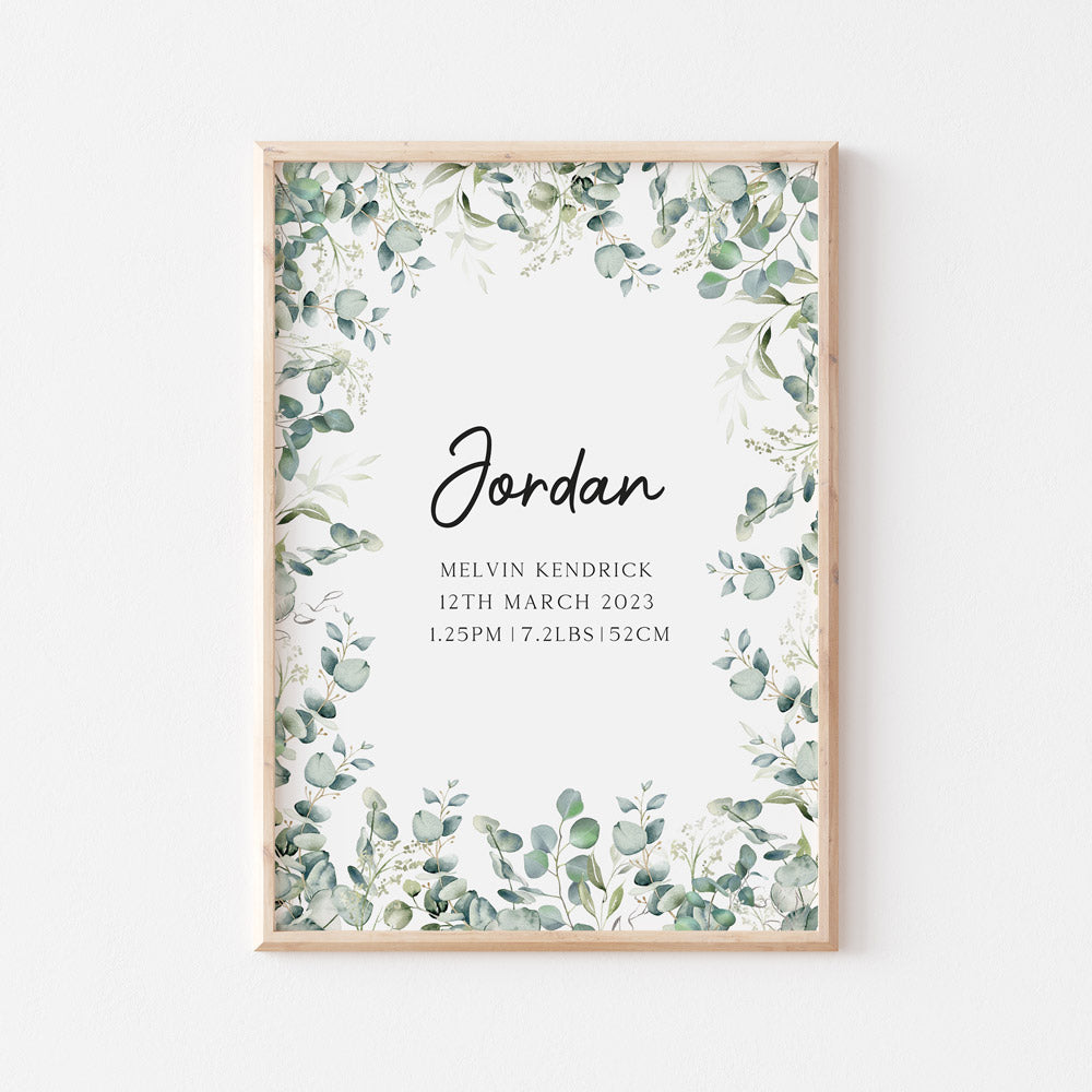 Eucalyptus Birth Detail Keepsake Print for baby nursery room