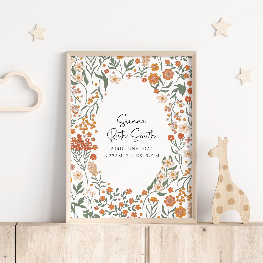 Garden Bloom Birth Detail Keepsake Print baby announcement birth certificate wall art print