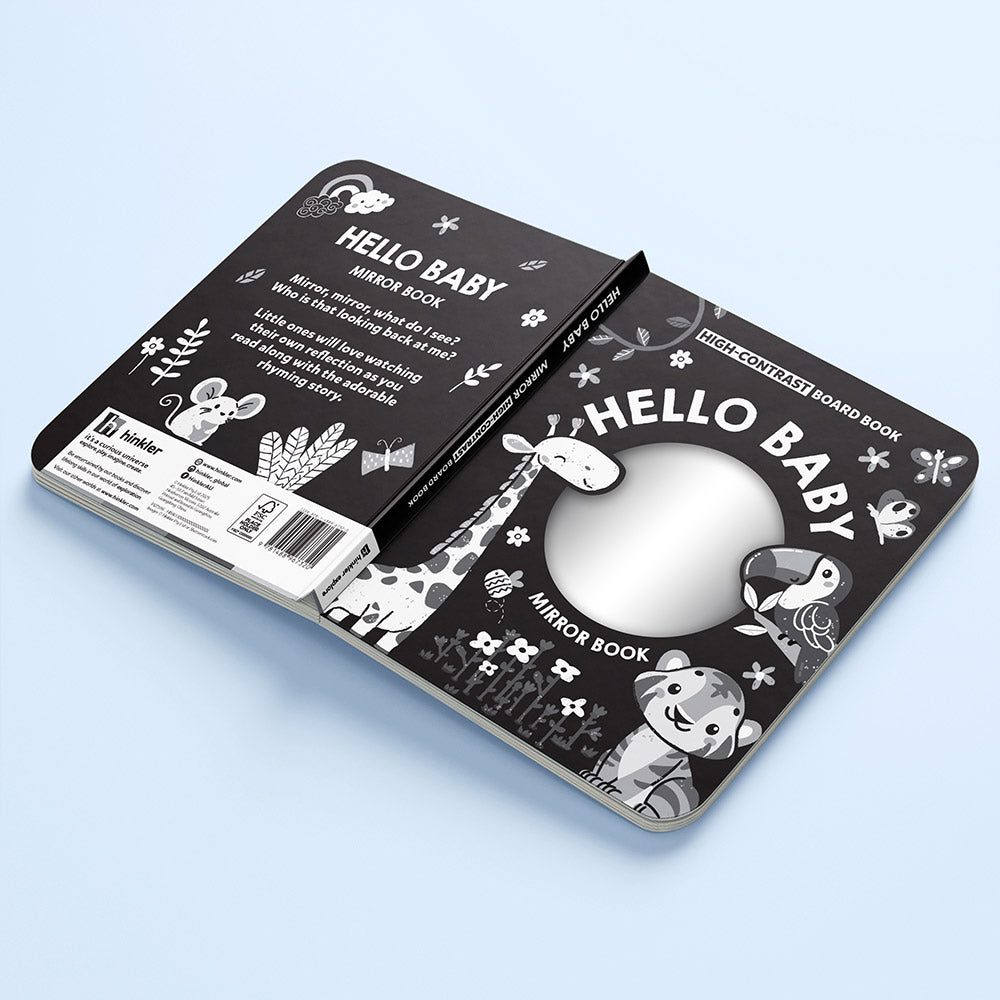 Hello Baby mirror book with black and white design on a light blue background. High Contrast Board Book Mirror: Hello Baby! for baby. MOD & TOD