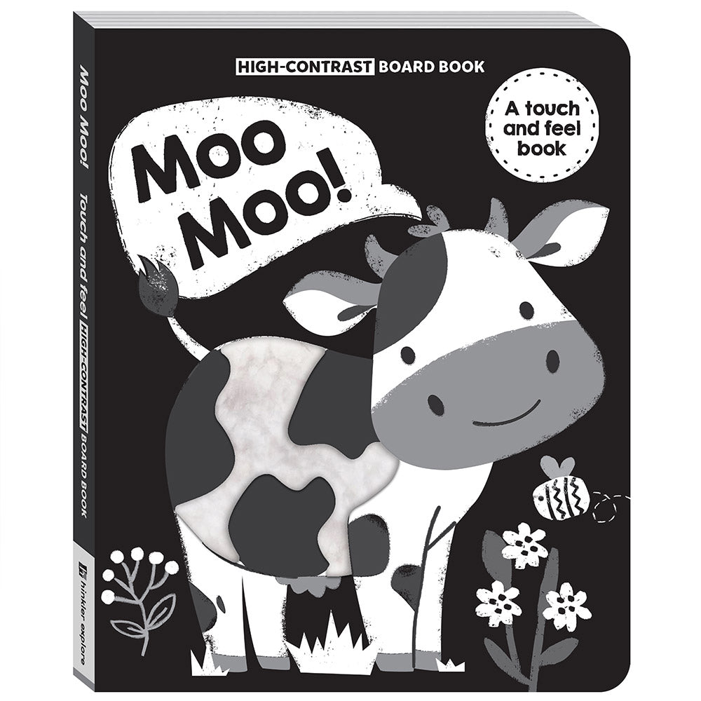 Board book with a cow illustration and 'Moo Moo!' text on a white background. High Contrast Board Book Touch and Feel: Moo Moo! for baby. MOD & TOD