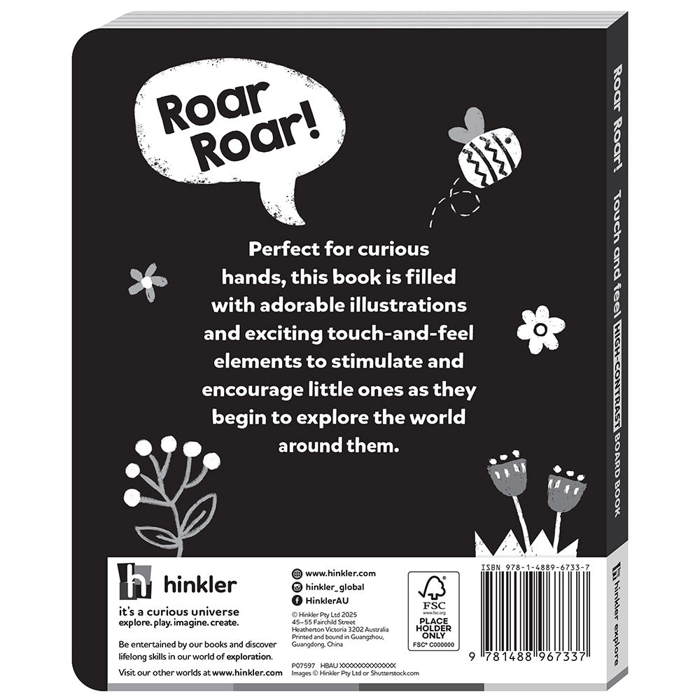 Back cover of a children's book with text and illustrations. High Contrast Board Book Touch and Feel: Rawr Rawr! for baby. MOD & TOD