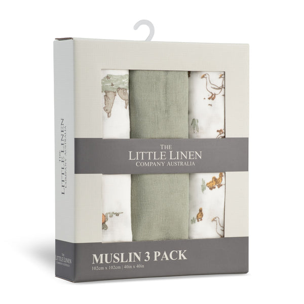 The Little Linen Company Muslin 3pk - Farmyard Lamb for baby