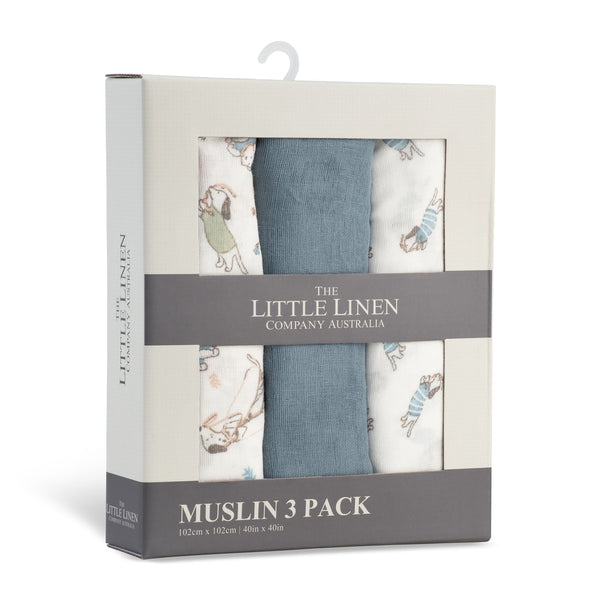 The Little Linen Company Muslin 3pk - Barklife Dog for baby