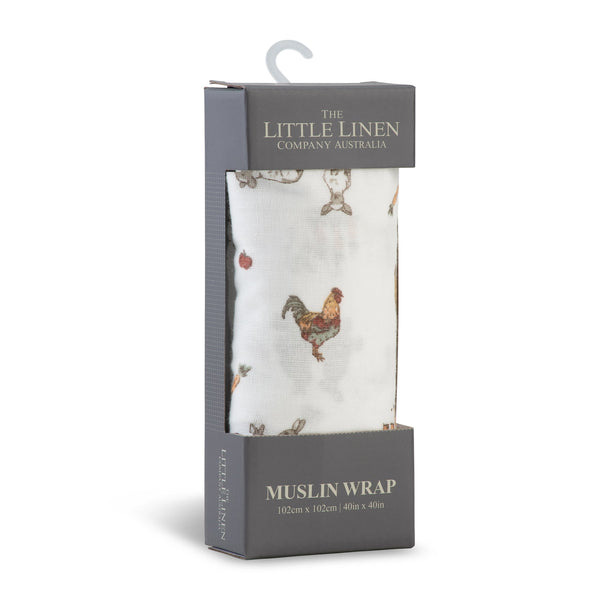 The Little Linen Company Muslin 1pk - Farmyard Lamb for baby swaddle