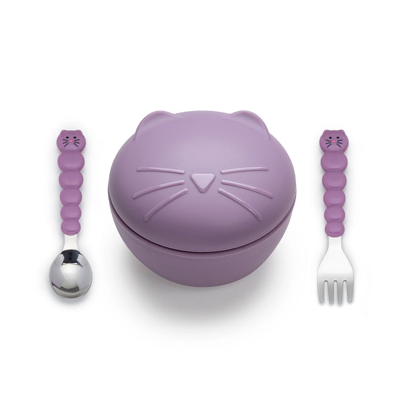 Melii Silicone Animal Bowl with Lid & Utensils | Cat for baby toddlers and kids mealtime