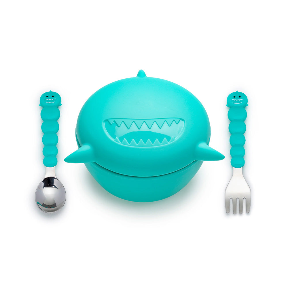 Melii Silicone Animal Bowl with Lid & Utensils | Shark for baby toddlers and kids mealtime