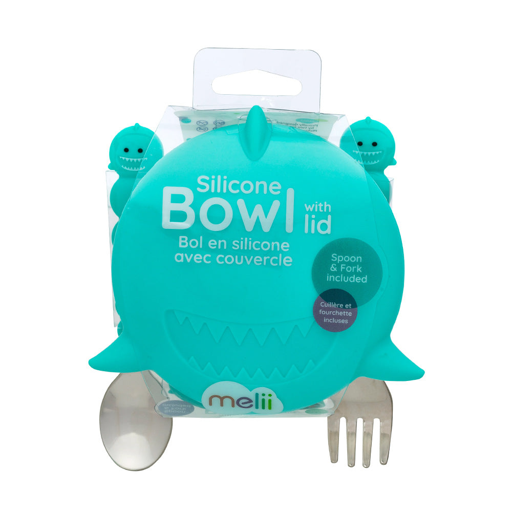 Melii Silicone Animal Bowl with Lid & Utensils | Shark for baby toddlers and kids mealtime