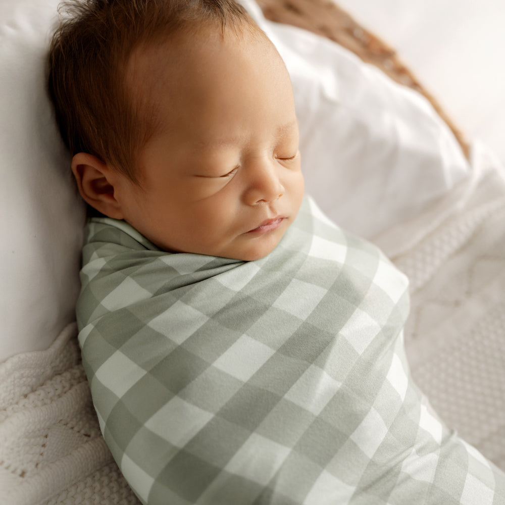 MOD AND TOD Baby Stretchy Swaddle | Sage Gingham | Organic Cotton | modandtod.com