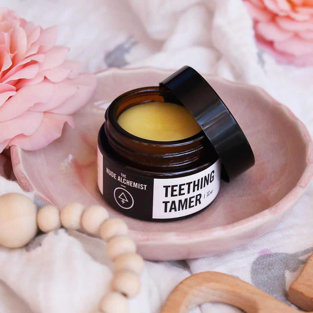 The Nude Alchemist Teething Tamer (Jar) providing relief for teething baby and toddlers