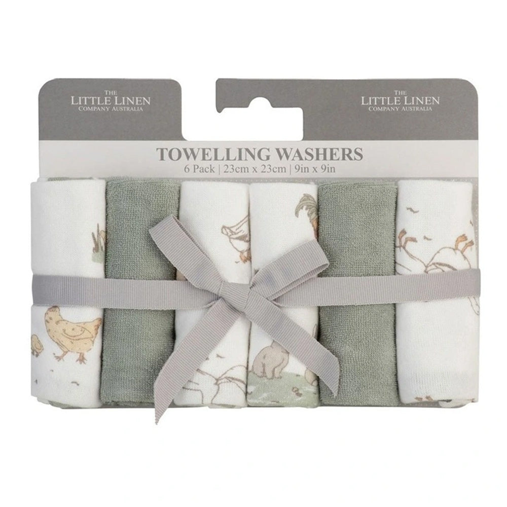 The Little Linen Company Towelling Washer 6 Pack - Farmyard Lamb for baby bath time