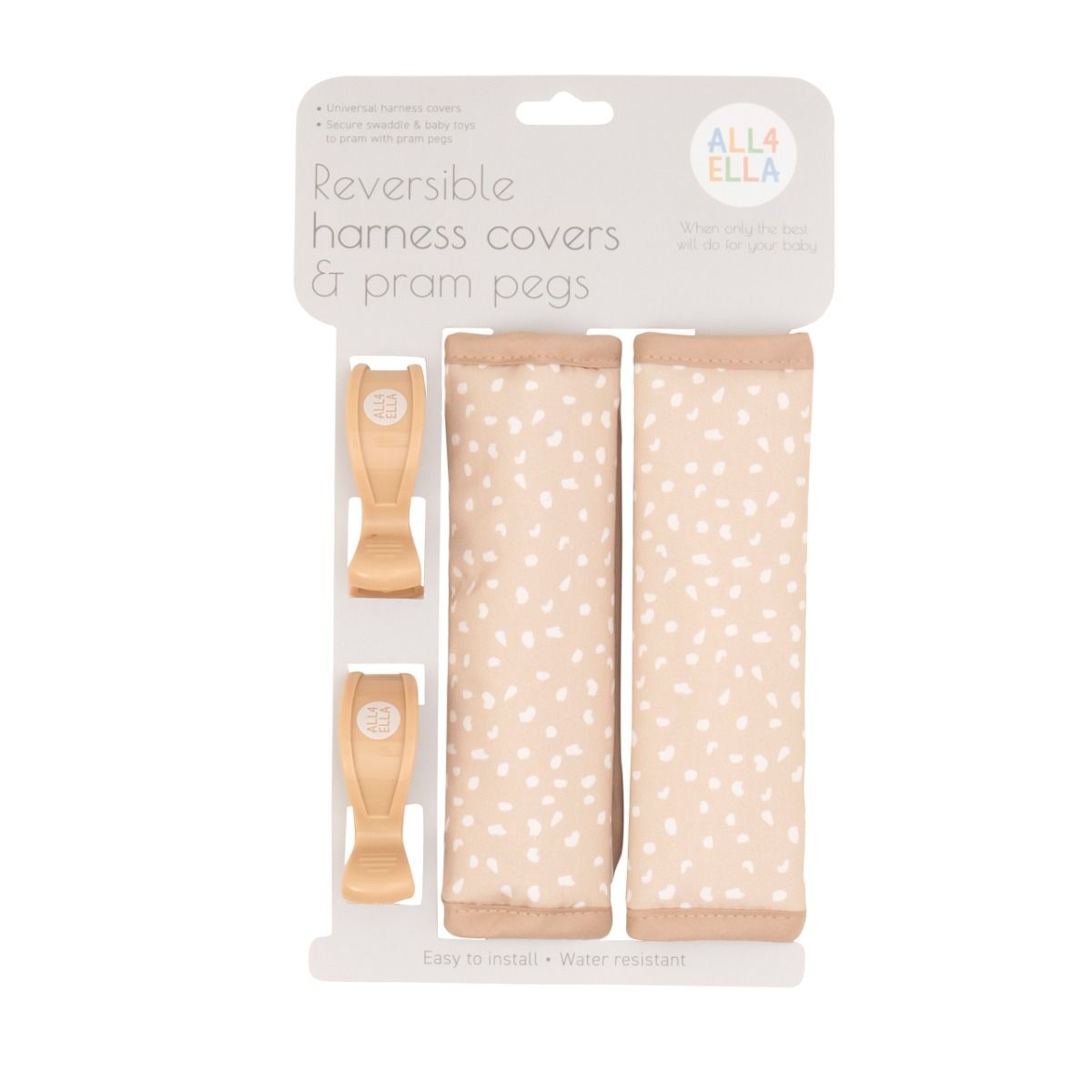 All4Ella Harness Covers & Pram Pegs | Beige Dots for baby stroller and pram. MOD & TOD