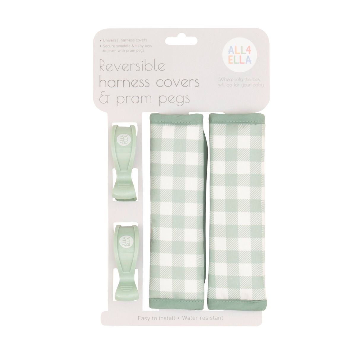 All4Ella Harness Covers & Pram Pegs | Gingham Sage for baby stroller and pram. MOD & TOD