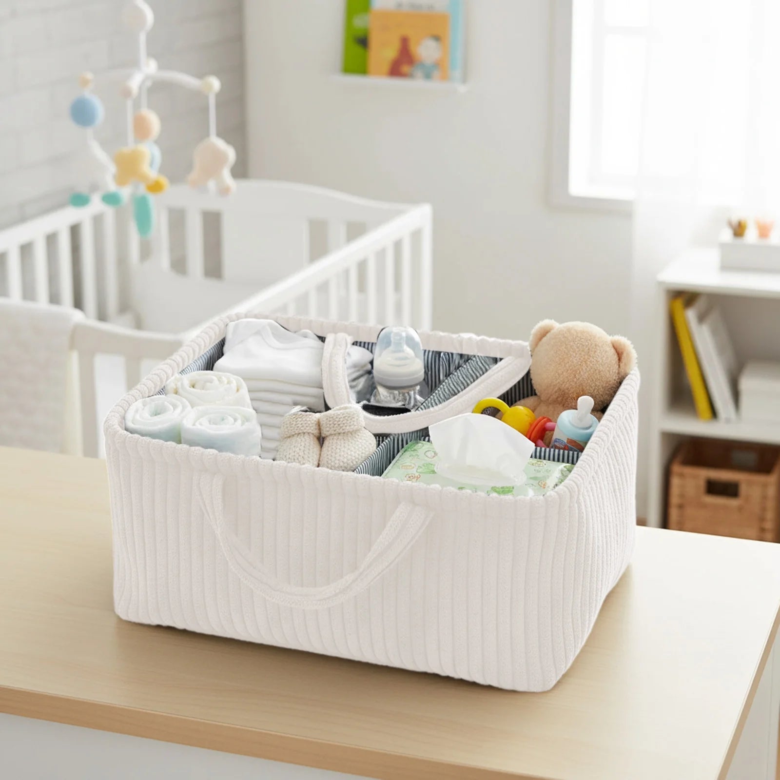 Ivory grey corduroy baby nappy caddy with striped lining and removable dividers by River & Oak Trading at modandtod.com