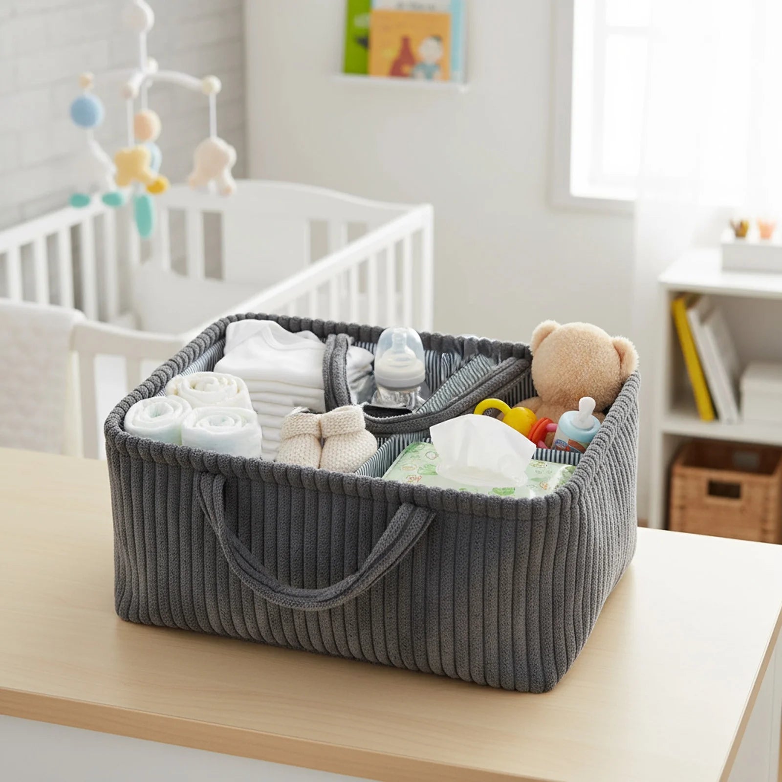 Slate grey corduroy baby nappy caddy with striped lining and removable dividers by River & Oak Trading at modandtod.com