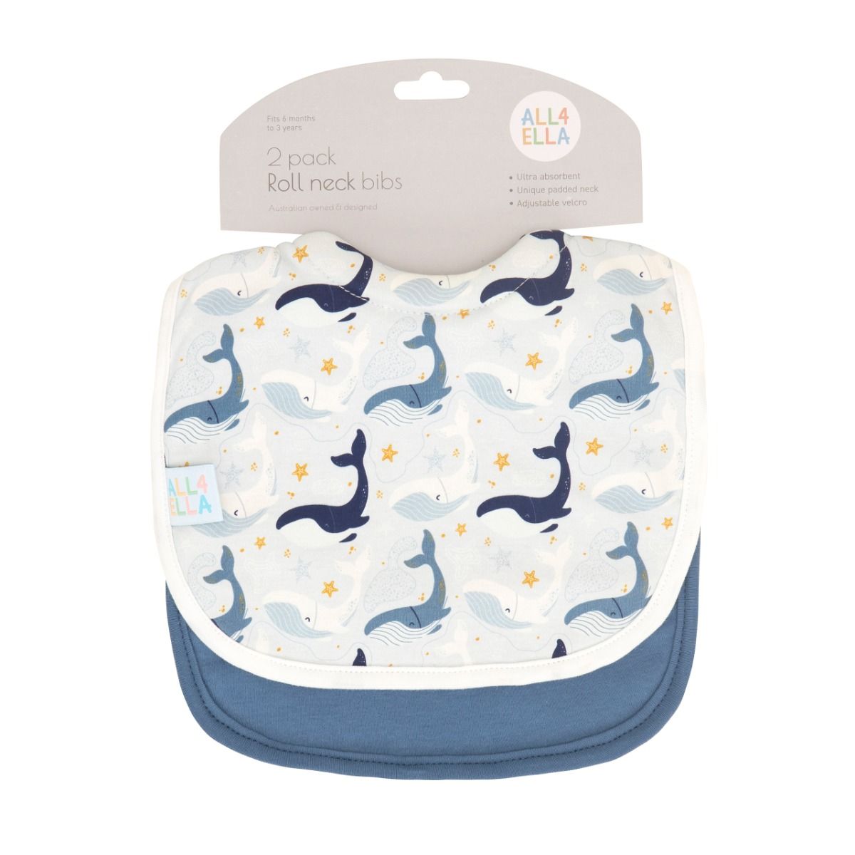 All4Ella Roll Neck Bib 2PK - Whales for baby. MOD & TOD