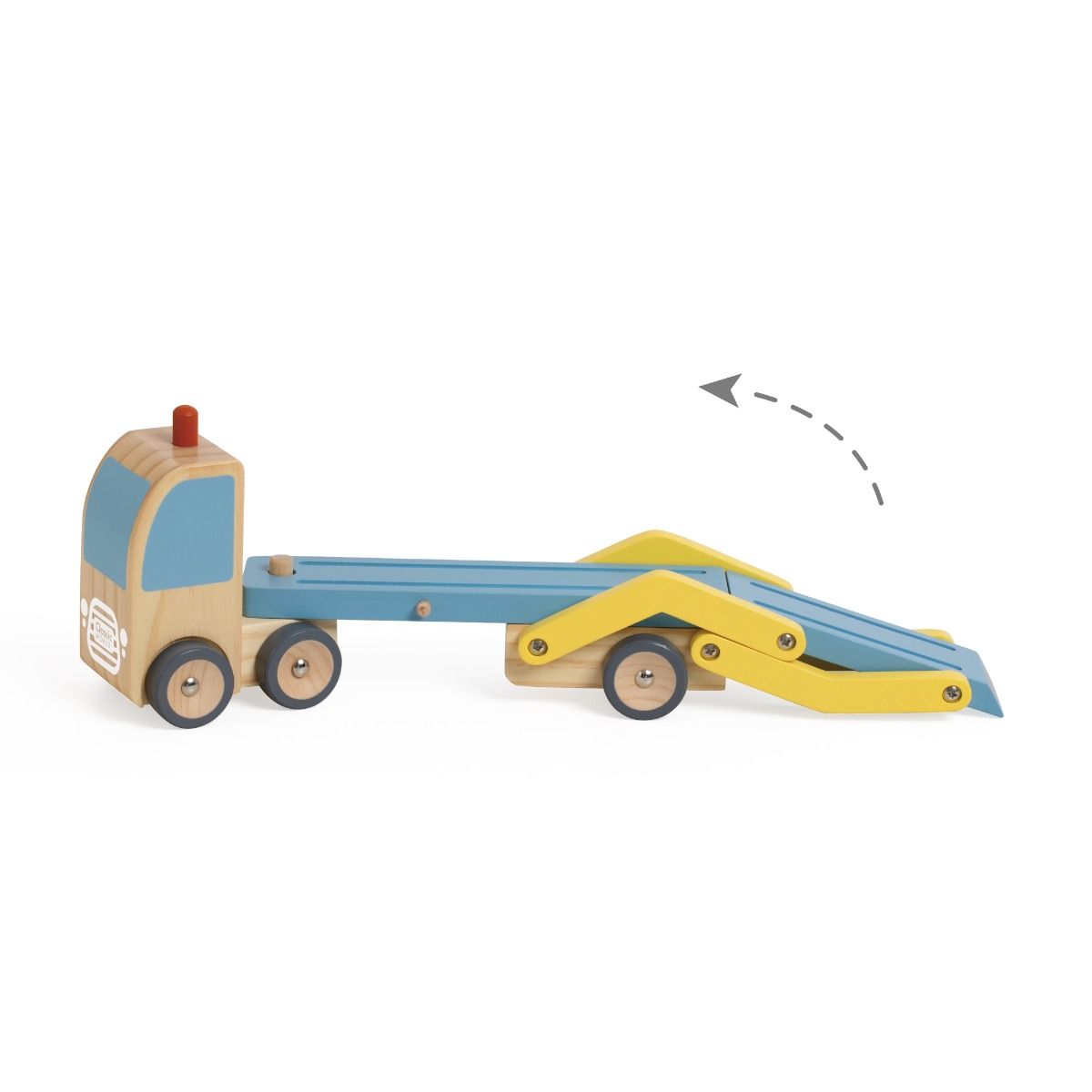Wooden toy truck with a flatbed and ramp on a white background. Classic World Car Transporter Truck - Blue/Yellow for toddlers. MOD & TOD