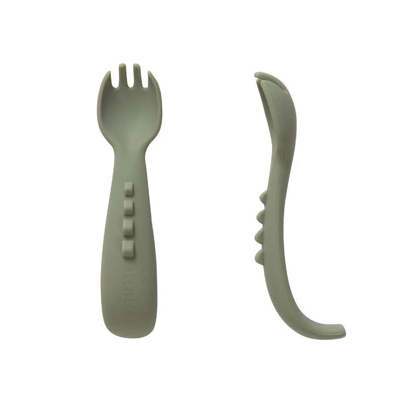 All4ella Comfy Grip Silicone Forks 2pk - Olive for baby starting solids baby led weaning MOD & TOD