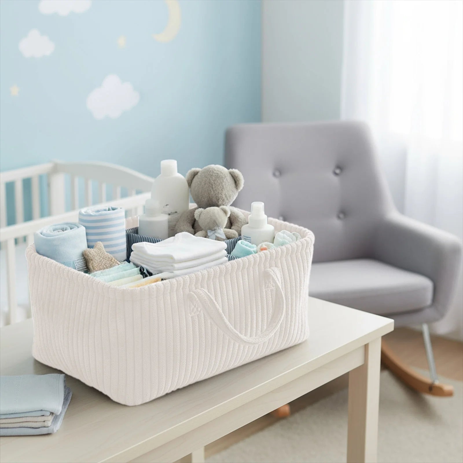 Ivory grey corduroy baby nappy caddy with striped lining and removable dividers by River & Oak Trading at modandtod.com