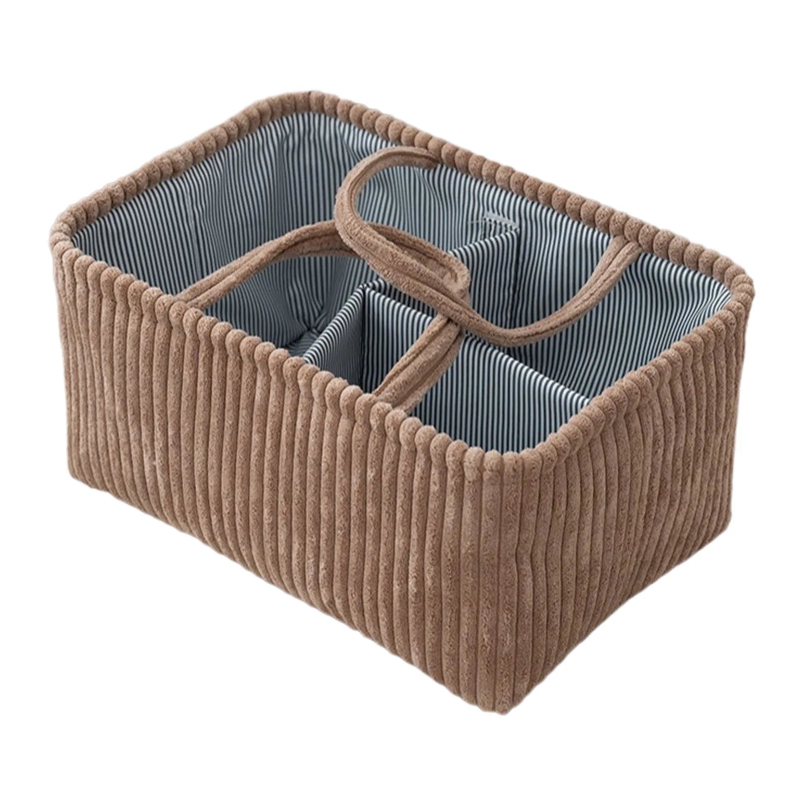 Mocha corduroy baby nappy caddy with striped lining and removable dividers by River & Oak Trading at modandtod.com
