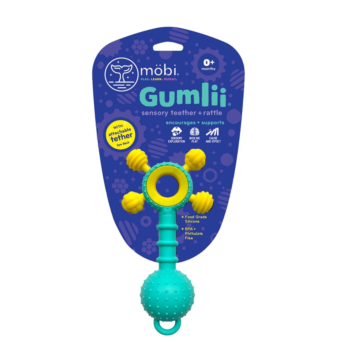 Mobi Gumlii silicone sonsory teether and rattle for teething baby. MOD & TOD